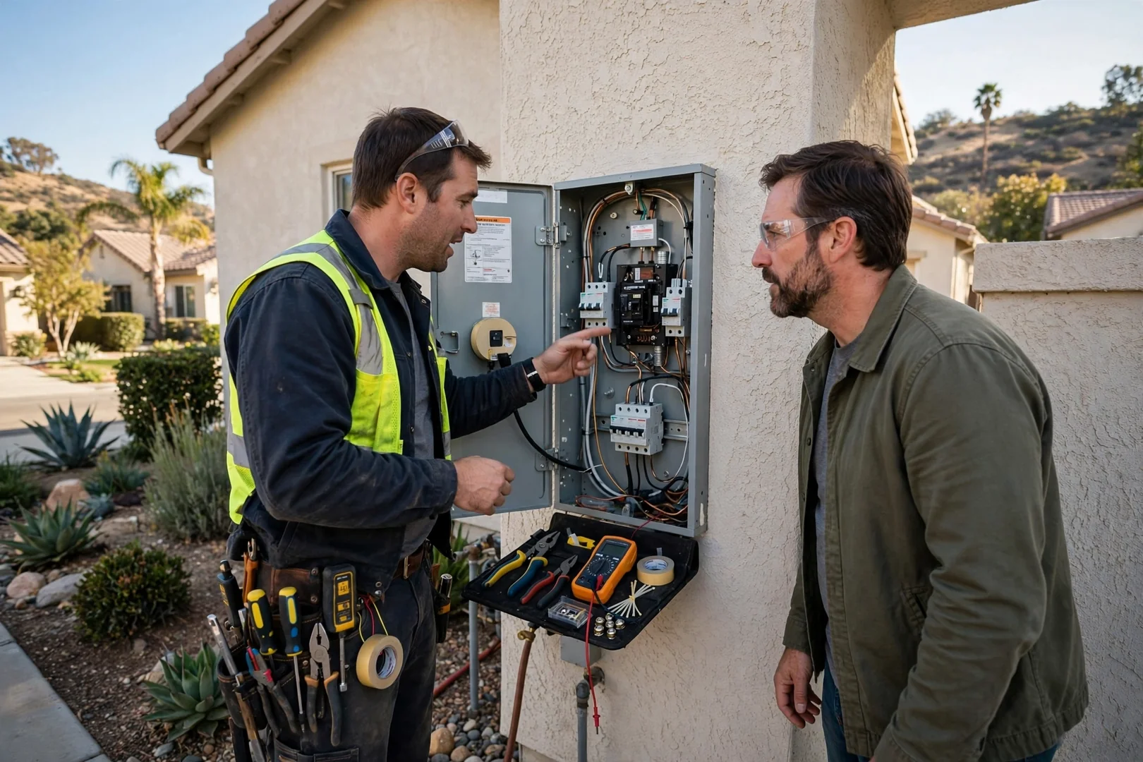 Electrician securing a ceiling fan bracket to a fan-rated box in a Corona home