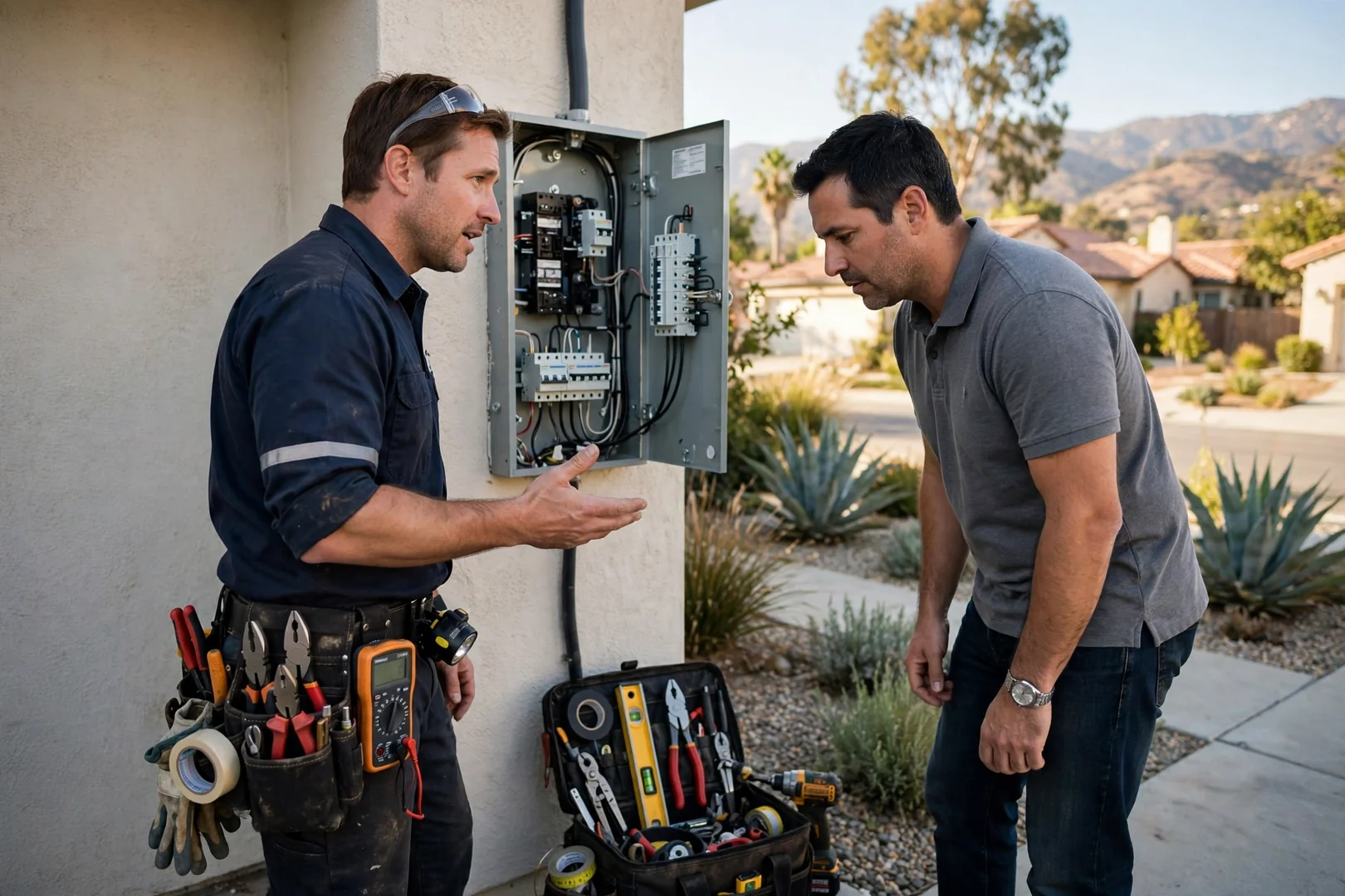 Electrician reviewing breaker repair estimate beside an open electrical panel in a Corona home