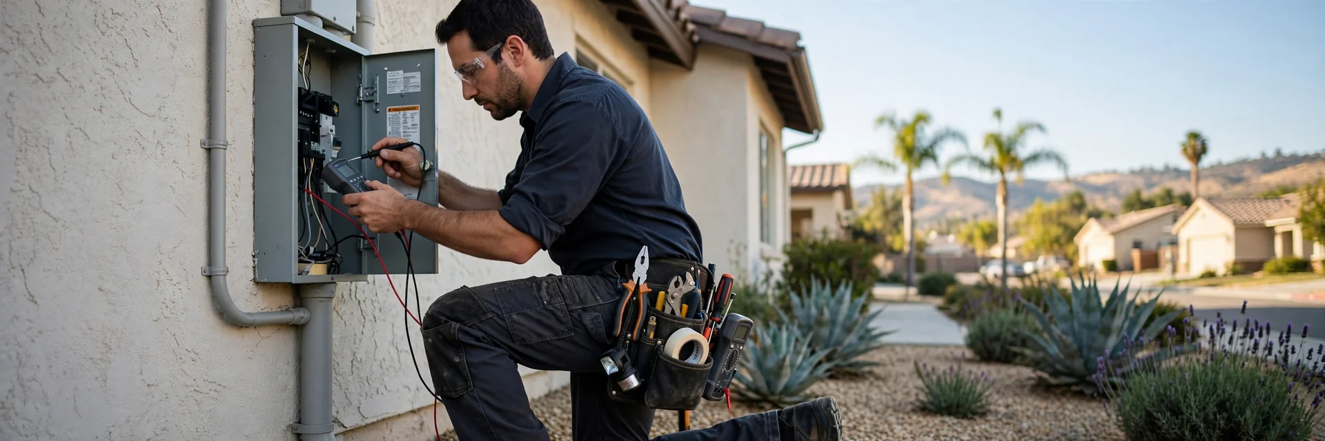 Technician writing a repair estimate beside a Corona home service panel