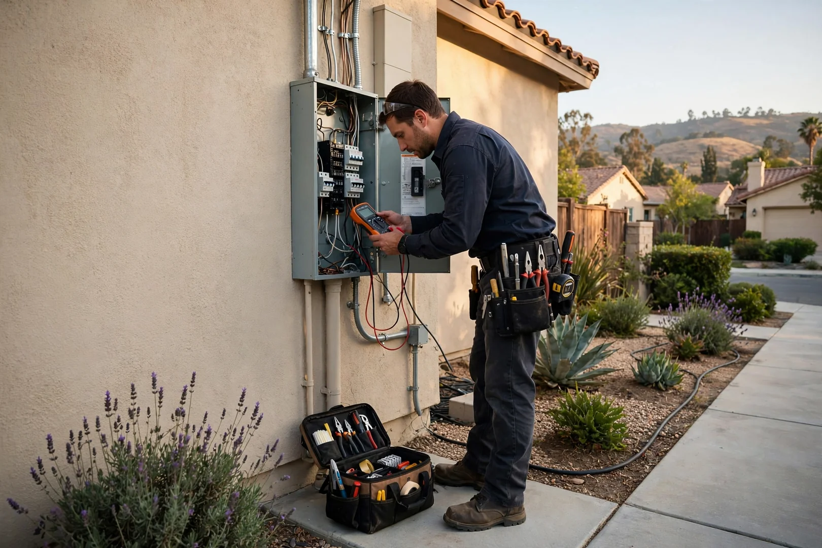 Electrician testing a residential circuit breaker panel with a multimeter in Corona