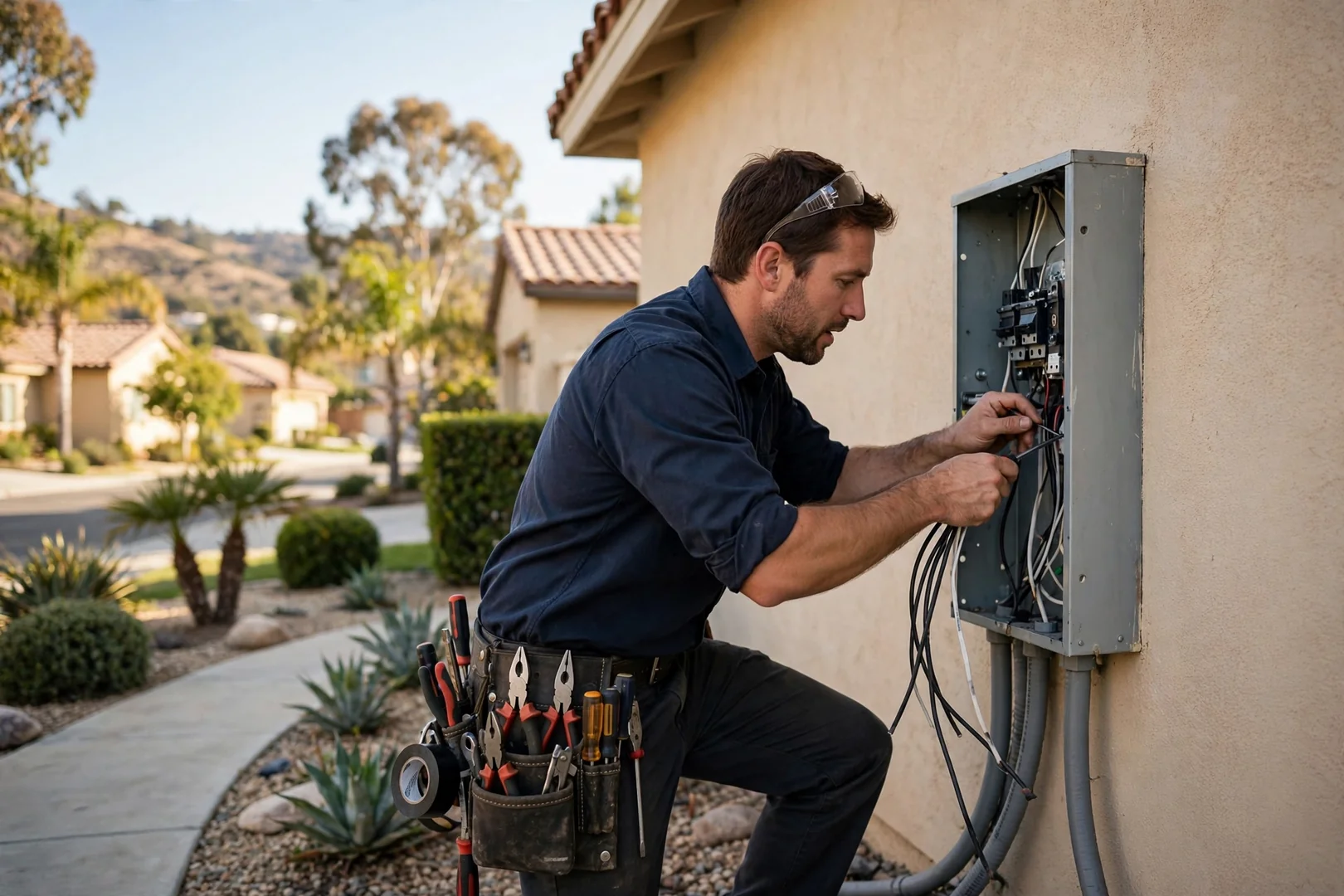 Electrician inspecting a residential breaker panel for tripping circuits in Corona