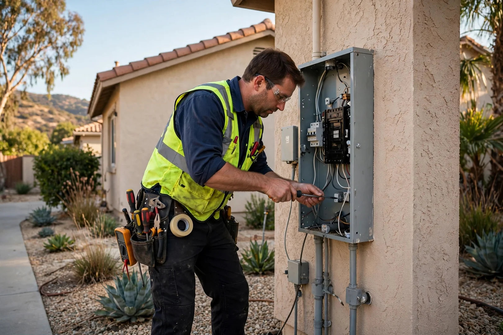 Electrician reviewing panel breakers during a residential electrical inspection in Corona