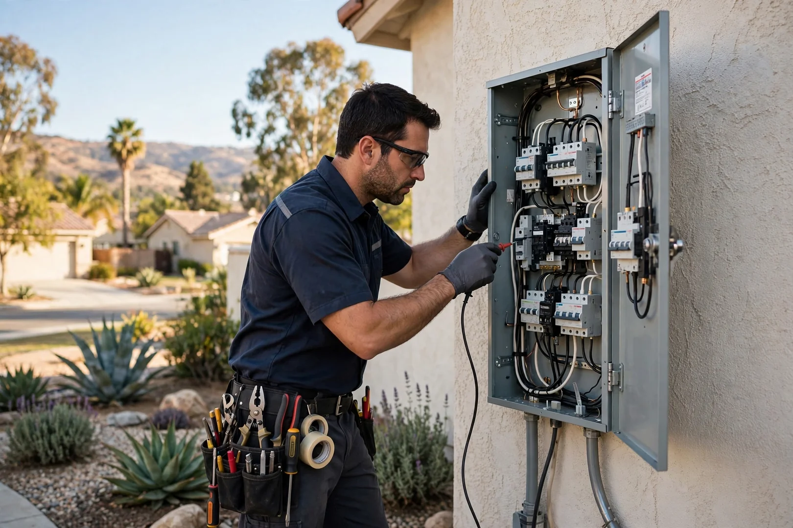 Electrician testing circuit breakers inside a residential panel during a Corona inspection