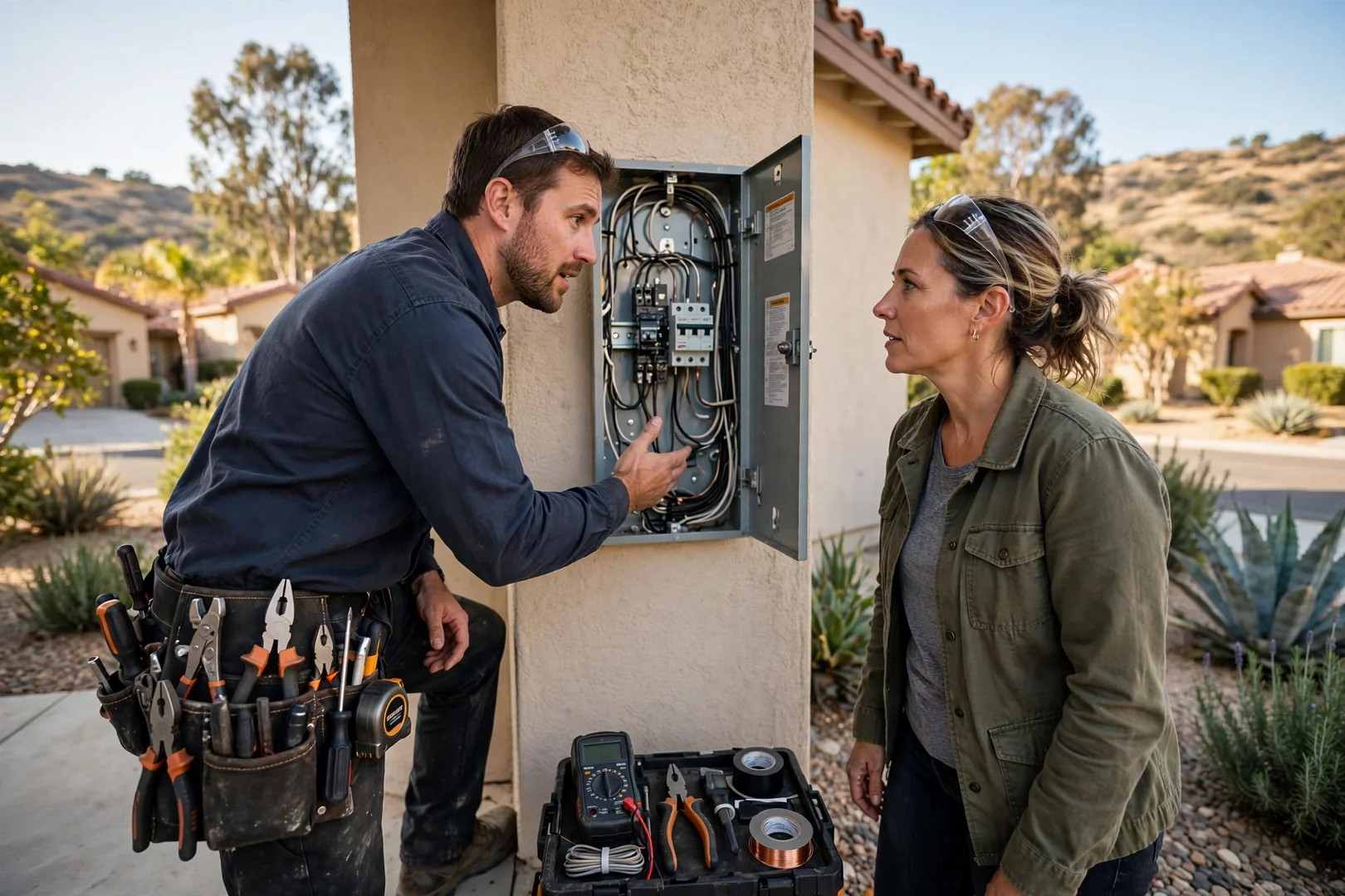 Electrician testing outlet grounding and polarity during a home electrical inspection in Corona