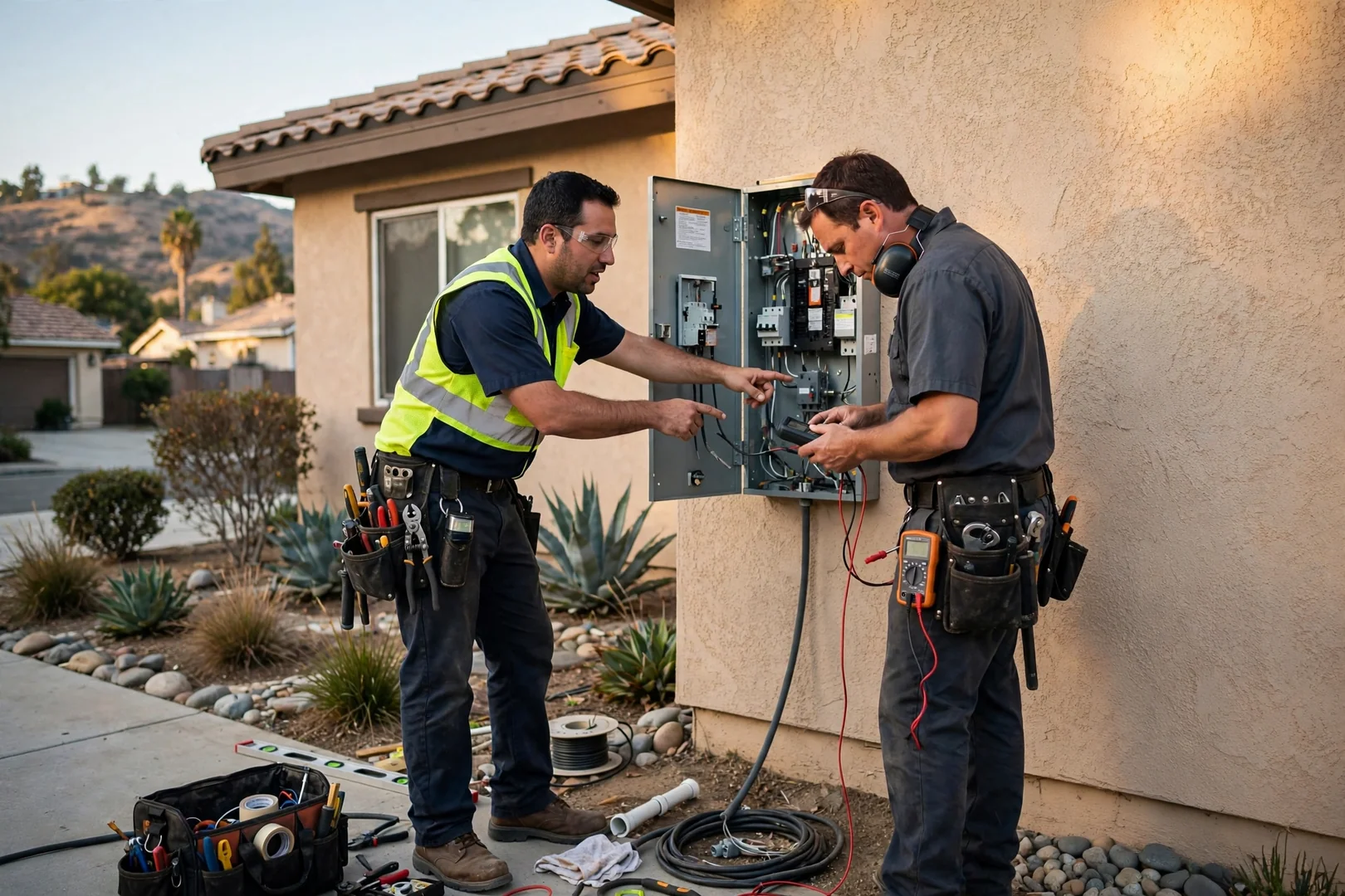 Electrician reviewing labeled breaker panel during inspection
