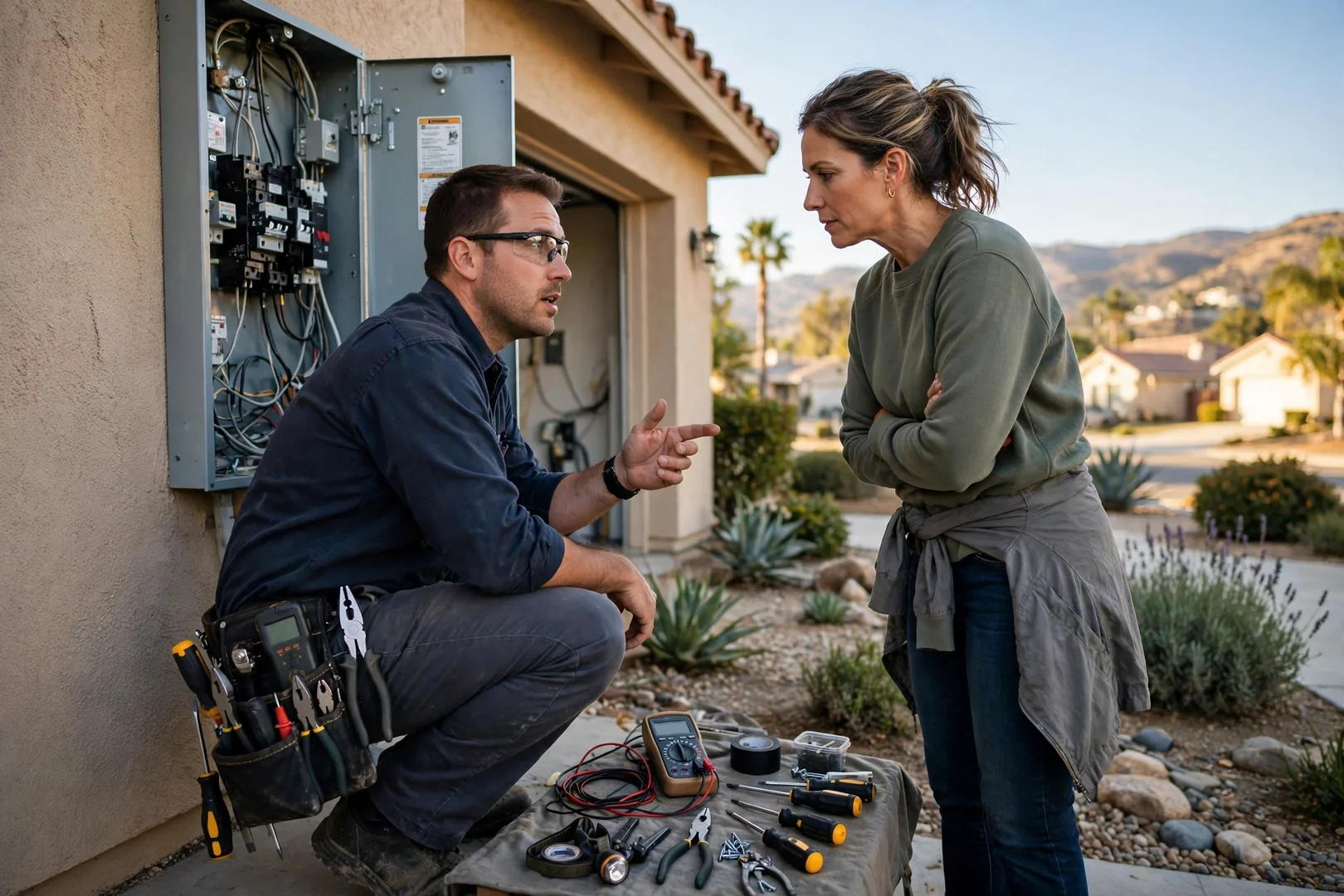 Electrician reviewing labeled breaker panel with homeowner inside a Corona residence