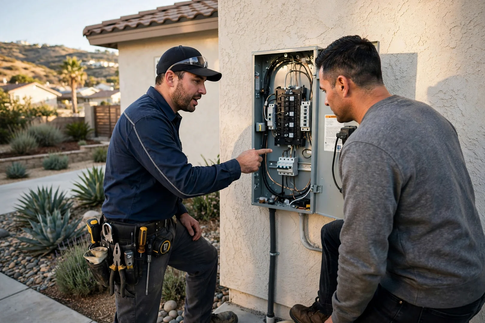 Electrician inspecting a residential service panel with worn breakers in Corona