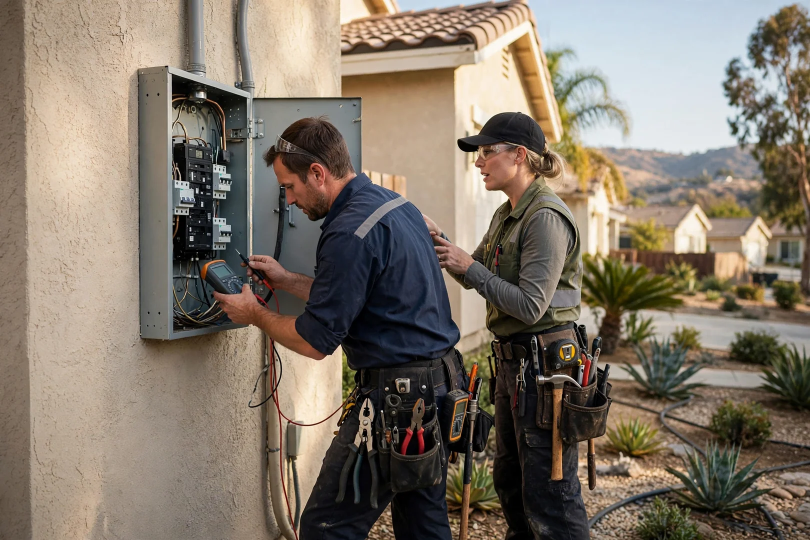 Technician torquing breaker terminations inside a repaired panel