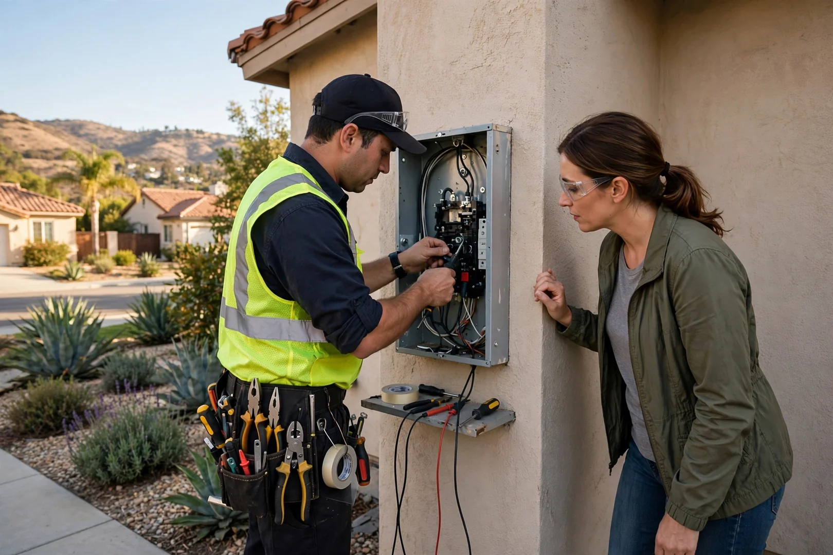 Technician reviewing panel amperage and breaker layout while preparing a written upgrade estimate in Corona
