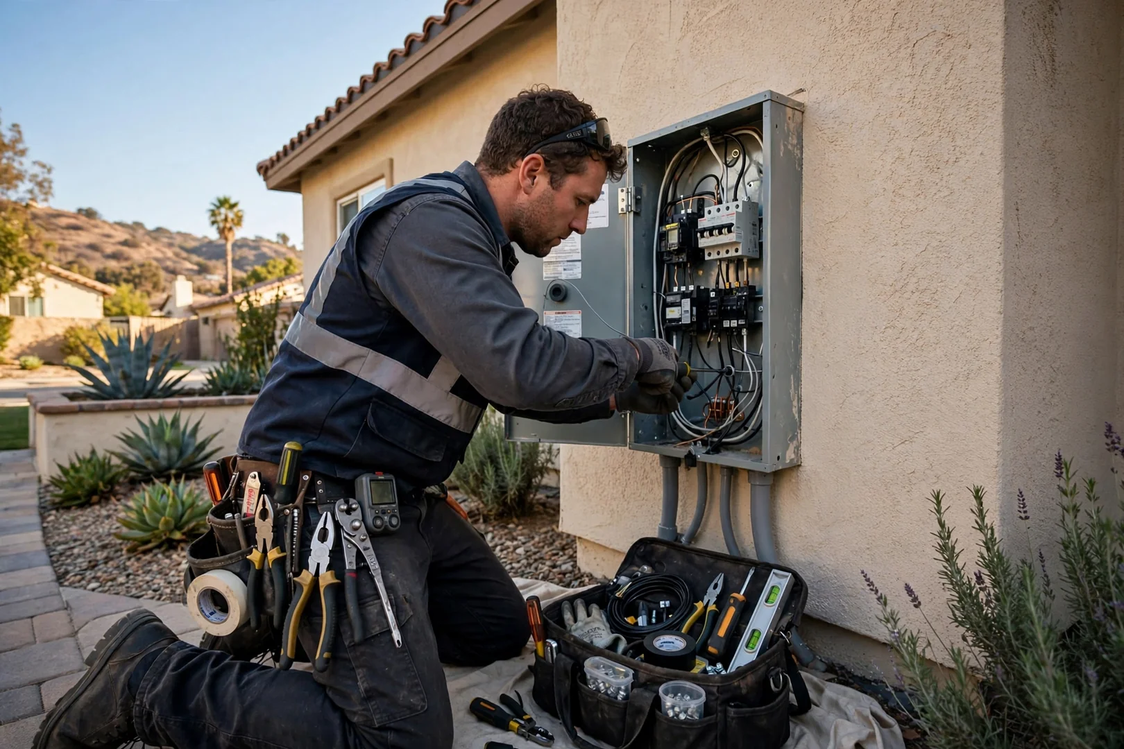 Aging residential electrical panel with corroded breakers inspected during a Corona upgrade
