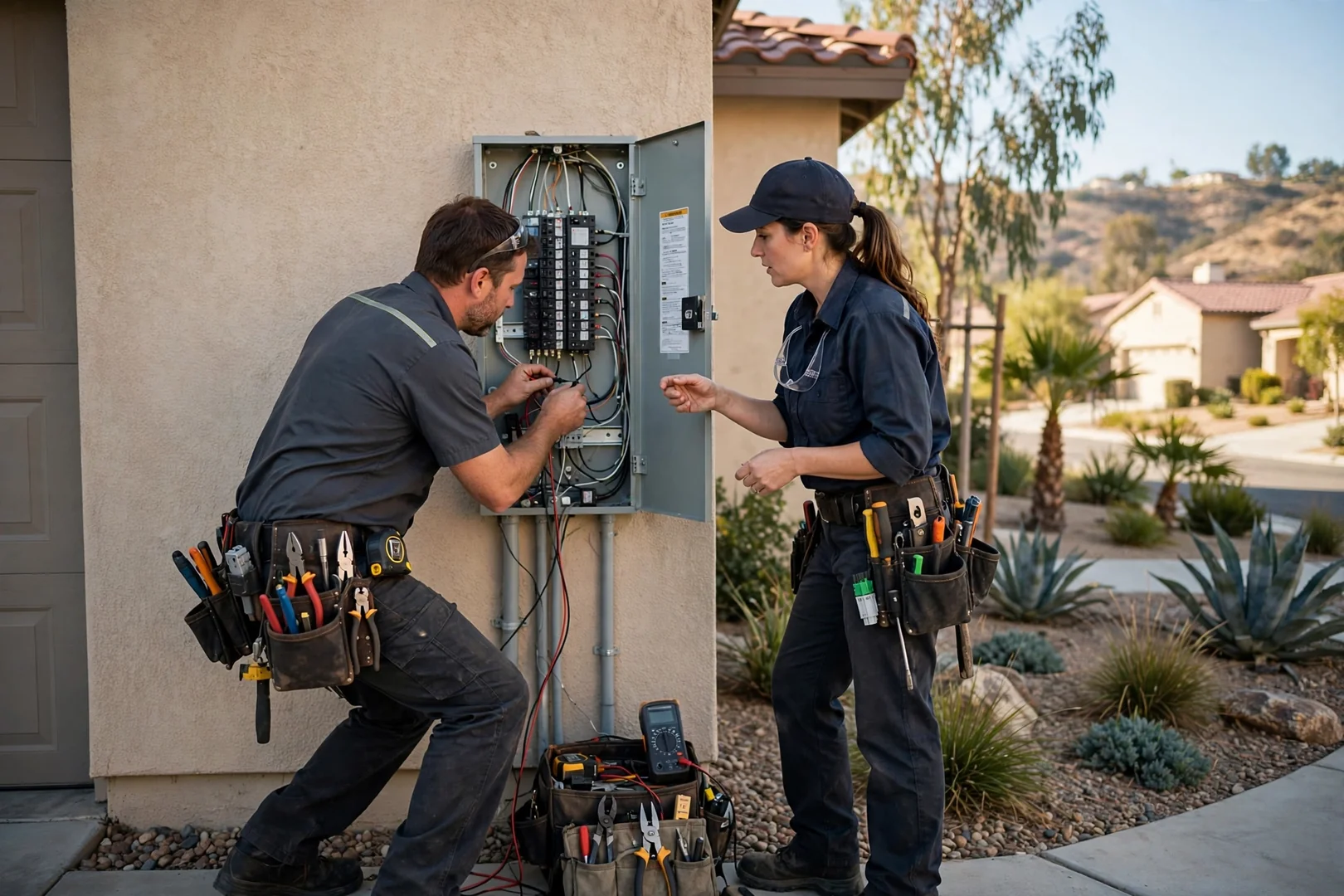 Electrician torquing lugs inside a new 200-amp service panel