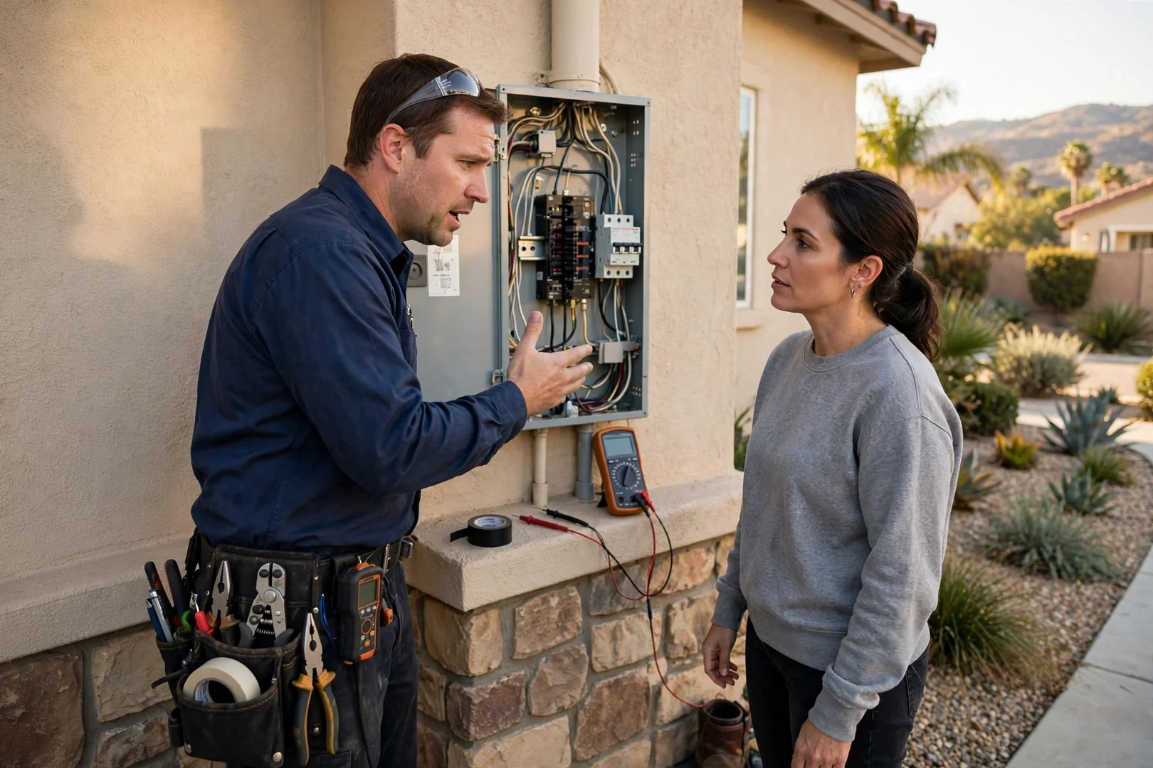 Electrician reviewing a written electrical repair estimate with a homeowner at a Corona property