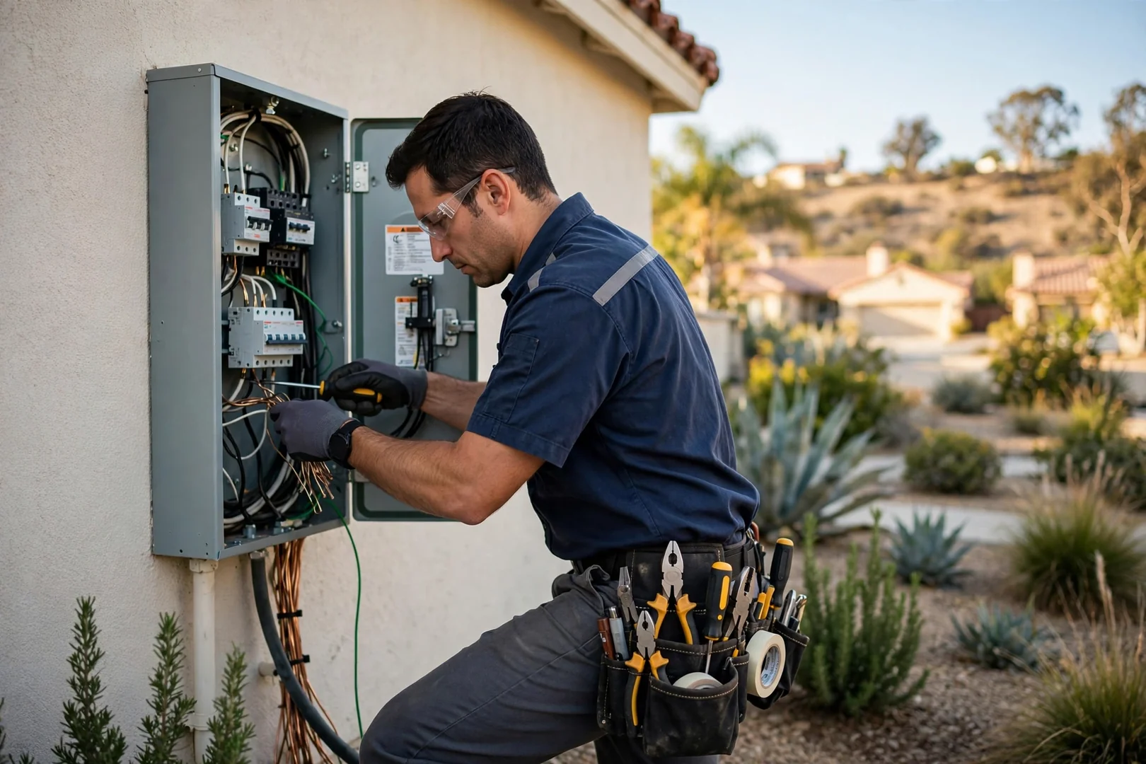 Technician testing outlet voltage during a home repair visit