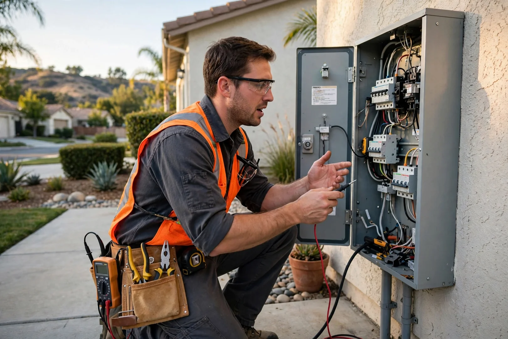 Electrician testing a residential branch circuit during an electrical repair in Corona