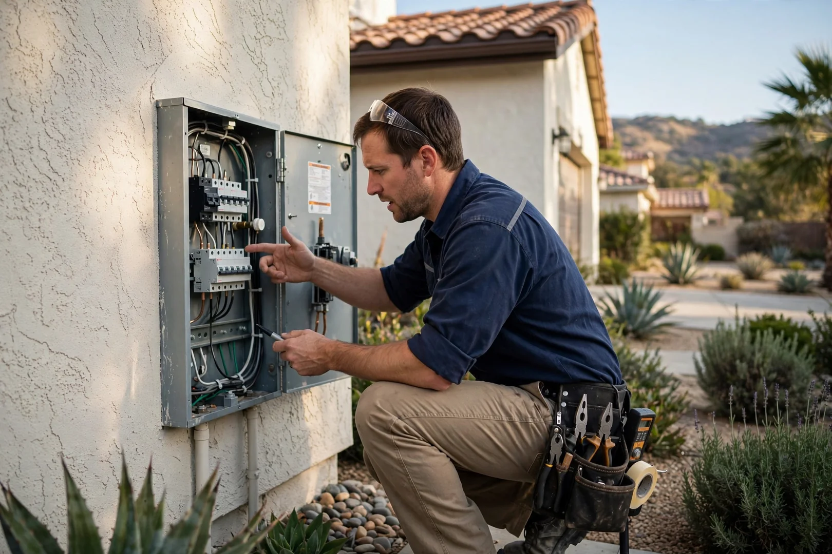Electrician testing a warm receptacle with a multimeter inside a Corona home