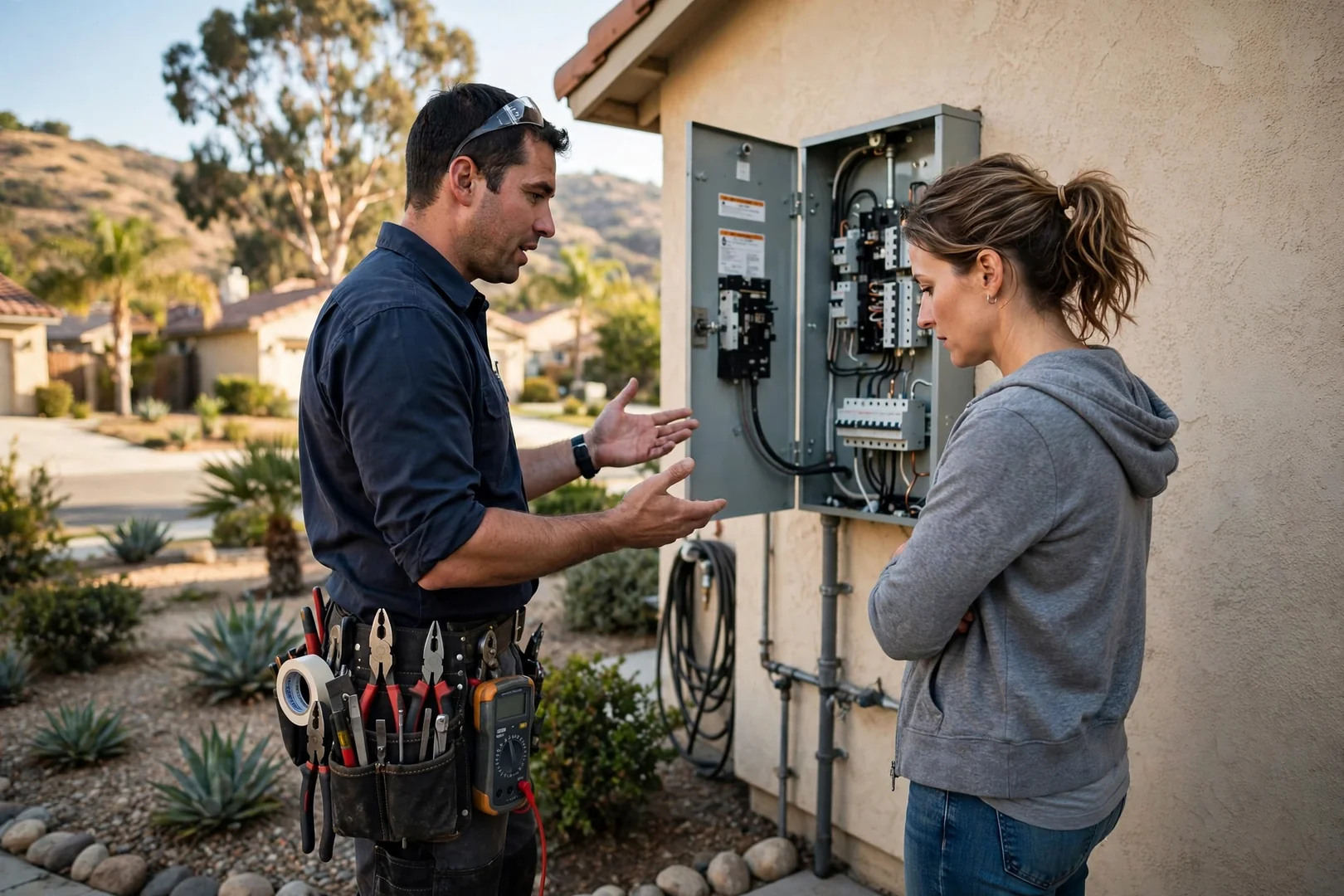 Electrician reviewing a written troubleshooting estimate with a homeowner in Corona, CA