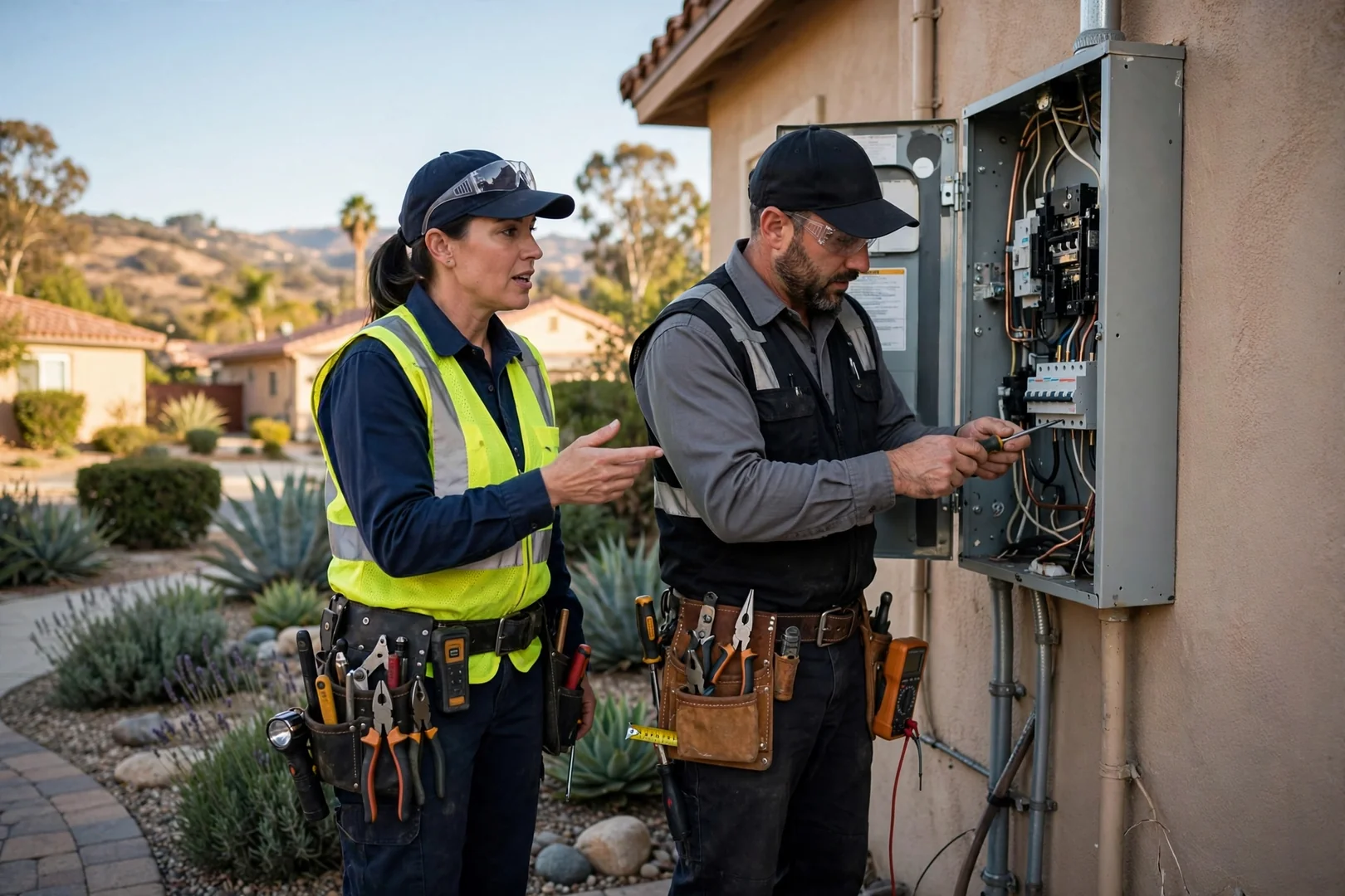 Electrician testing a residential circuit with a multimeter during troubleshooting in Corona