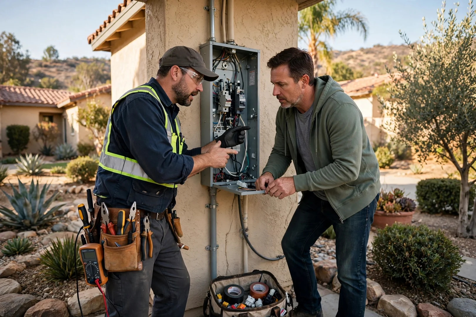 Electrician testing a branch circuit at an open panel in a Corona home