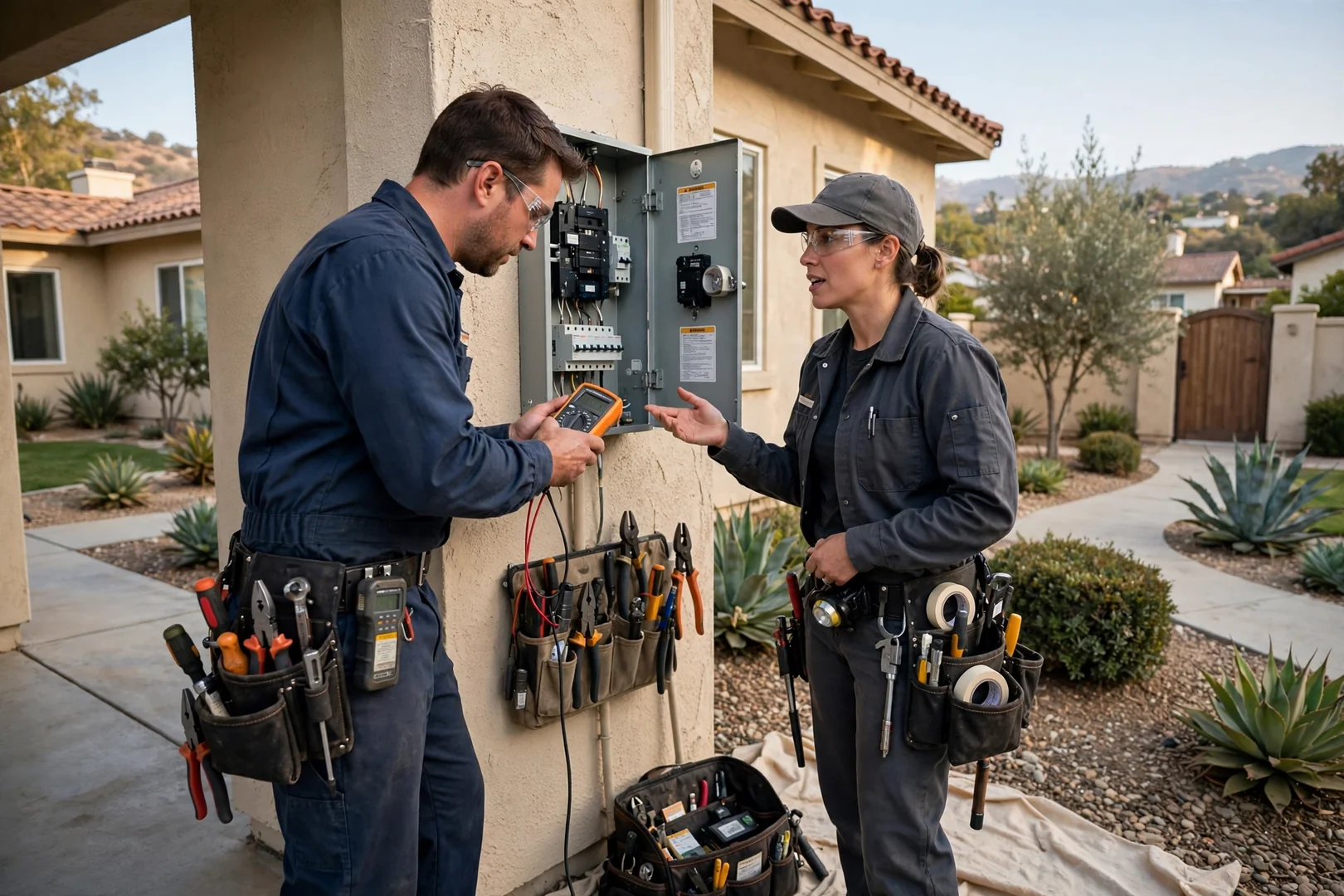 Electrician documenting circuit test readings in a Corona home