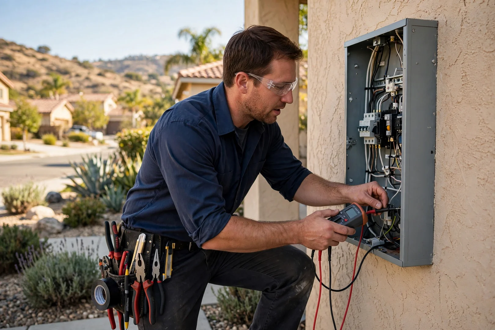 Electrician reviewing wiring plans and panel labeling while preparing a written estimate in Corona