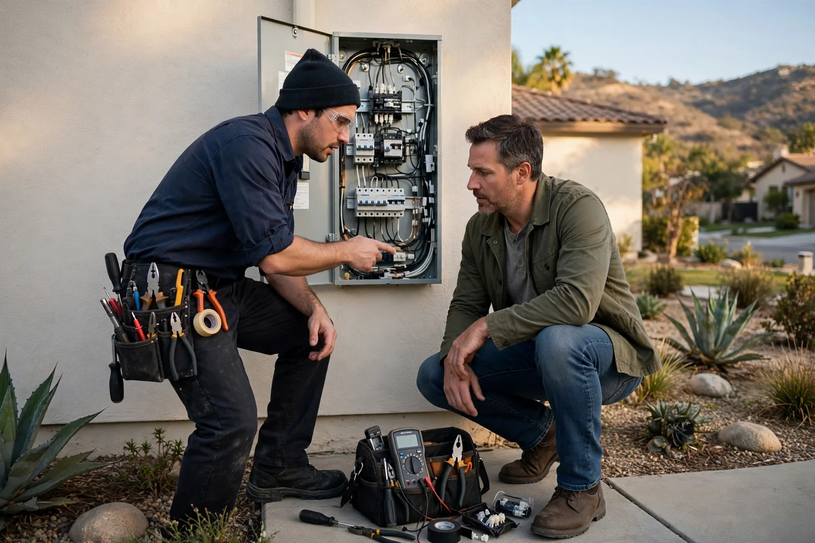 Electrician reviewing a written wiring estimate with a homeowner in a Corona living room
