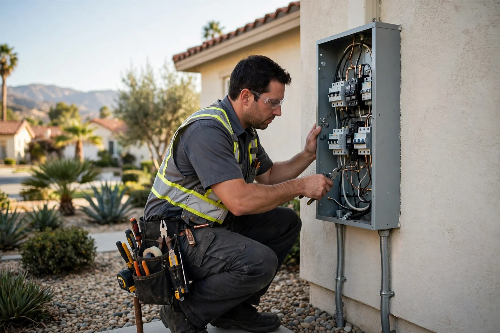 Electrician routing new copper branch circuit wiring inside a Corona home wall