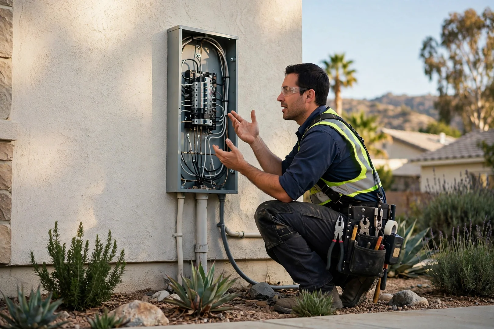 Electrician inspecting aging branch circuit wiring inside a Corona home wall cavity