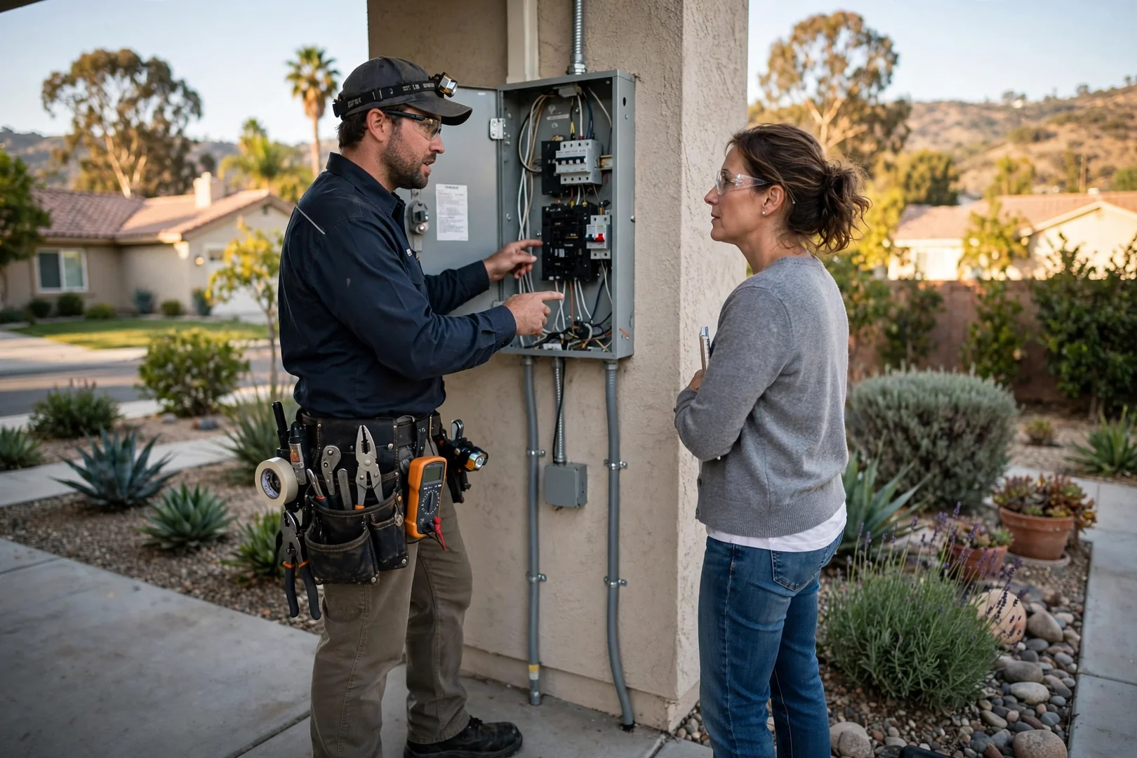 Service van and electrician arriving at a Corona home for a scheduled appointment