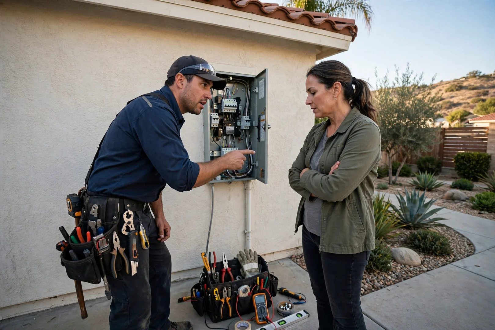 Electrician reviewing completed lighting and outlet work with a homeowner during a final walkthrough