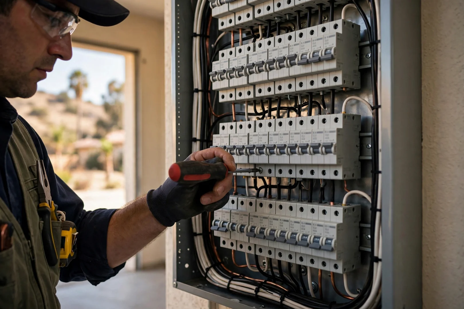 Close view of labeled circuit breakers inside a neatly organized residential panel
