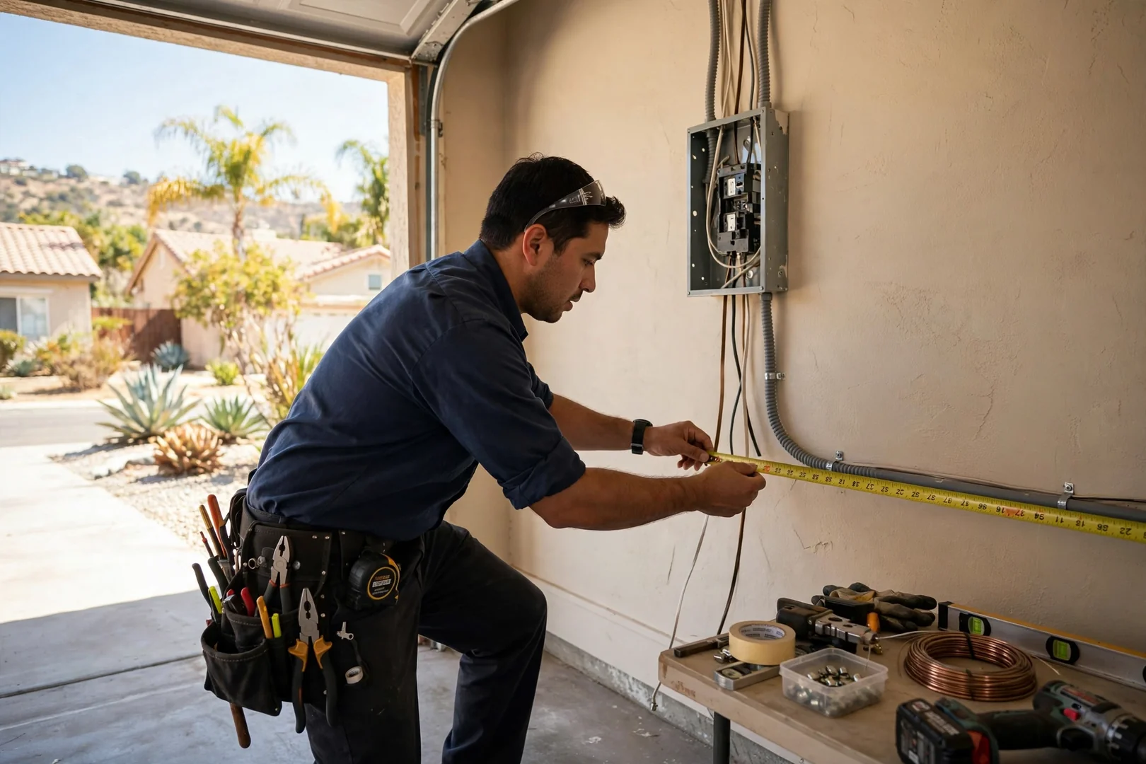 Technician measuring wiring runs in a Corona home before quoting an upgrade