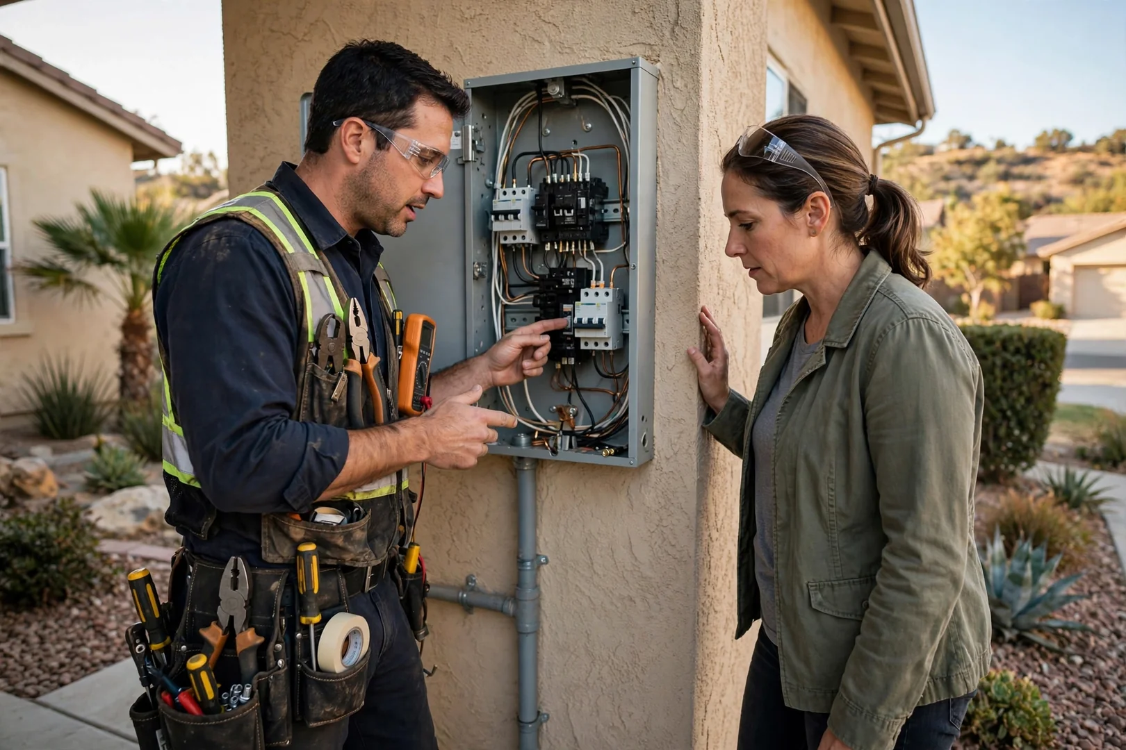 Electrician reviewing a written estimate with a homeowner beside an open electrical panel