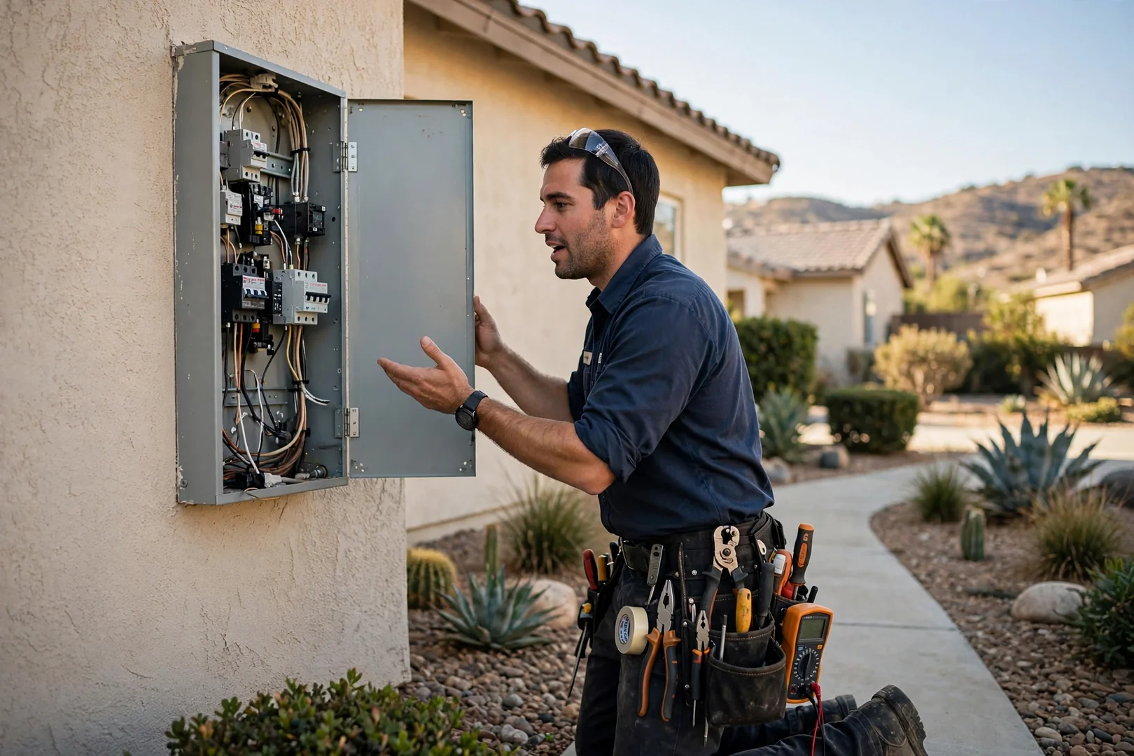 Electrician reviewing a written estimate with a homeowner