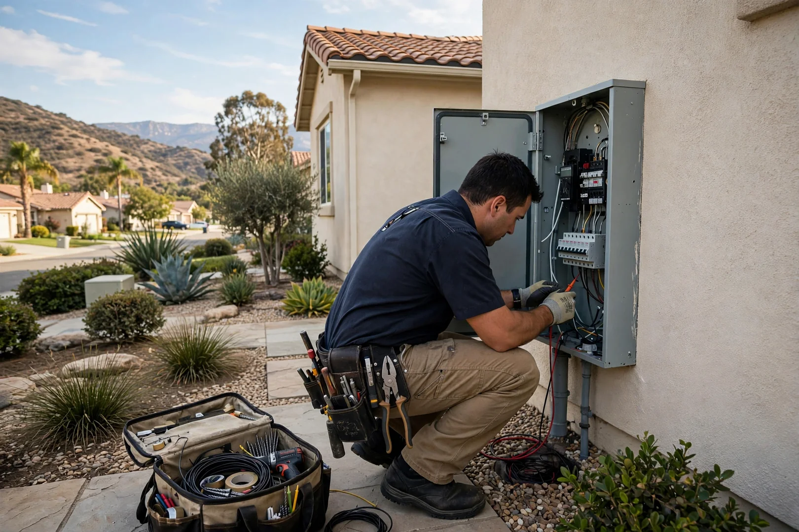 Service area map highlighting Corona neighborhoods covered by local residential electricians