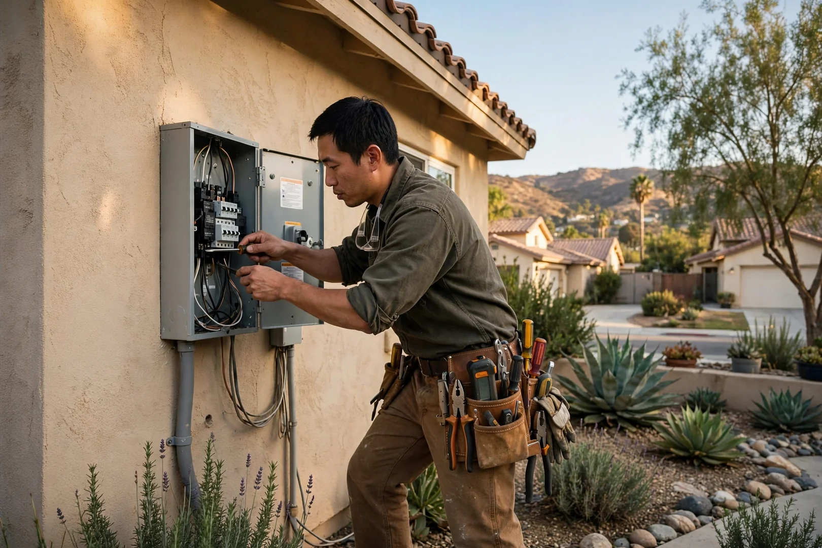Electrician testing an aging residential panel in a Corona garage