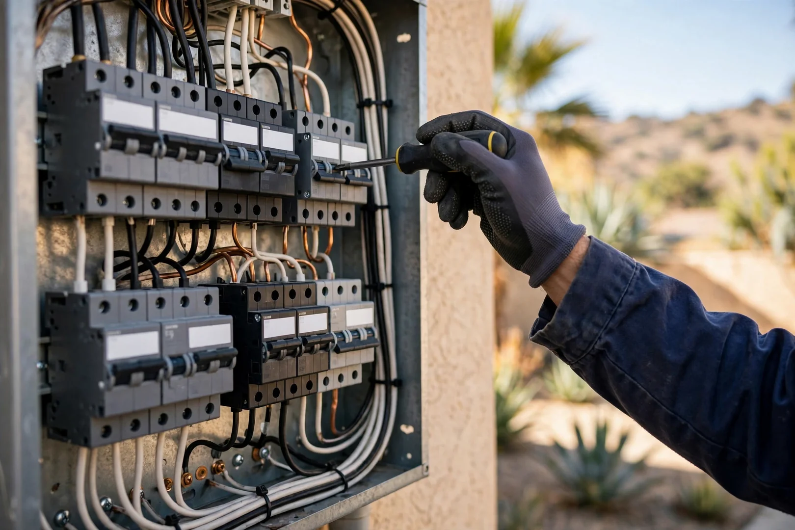 Close-up of labeled circuit breakers inside a freshly organized residential load center