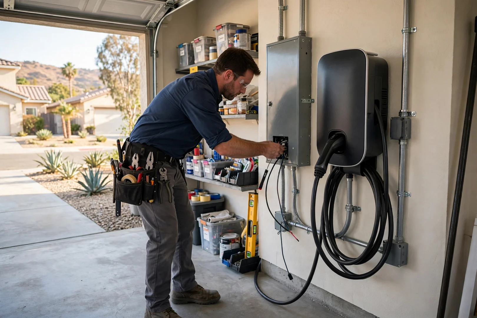 Level 2 EV charger mounted in a suburban garage beside a dedicated 240-volt circuit