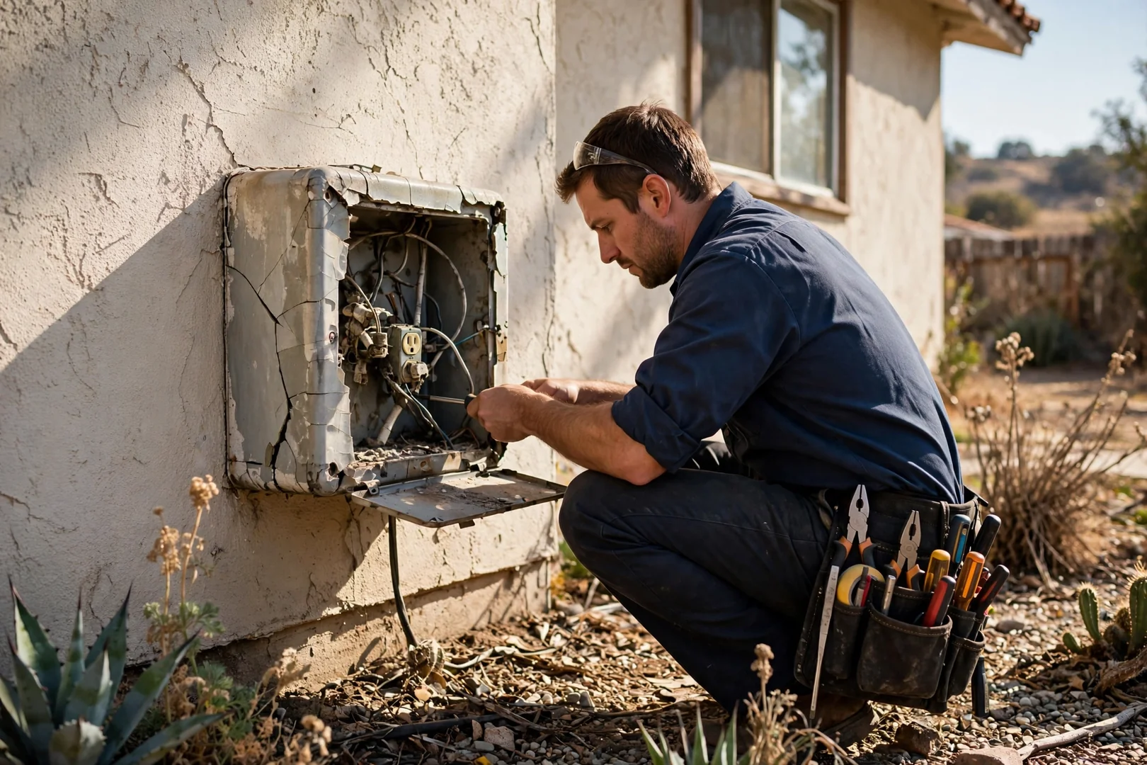 Weathered outdoor outlet and old wiring before replacement on an aging Corona home exterior