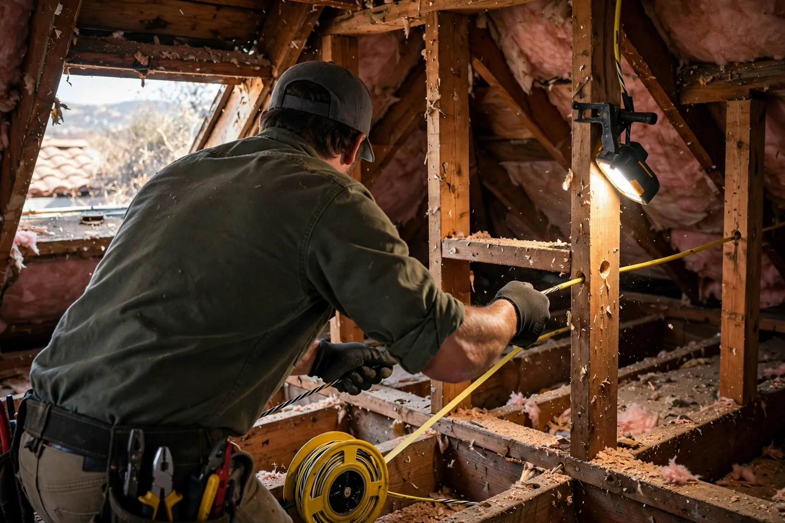 Electrician pulling new wiring through an attic during a residential rewiring project