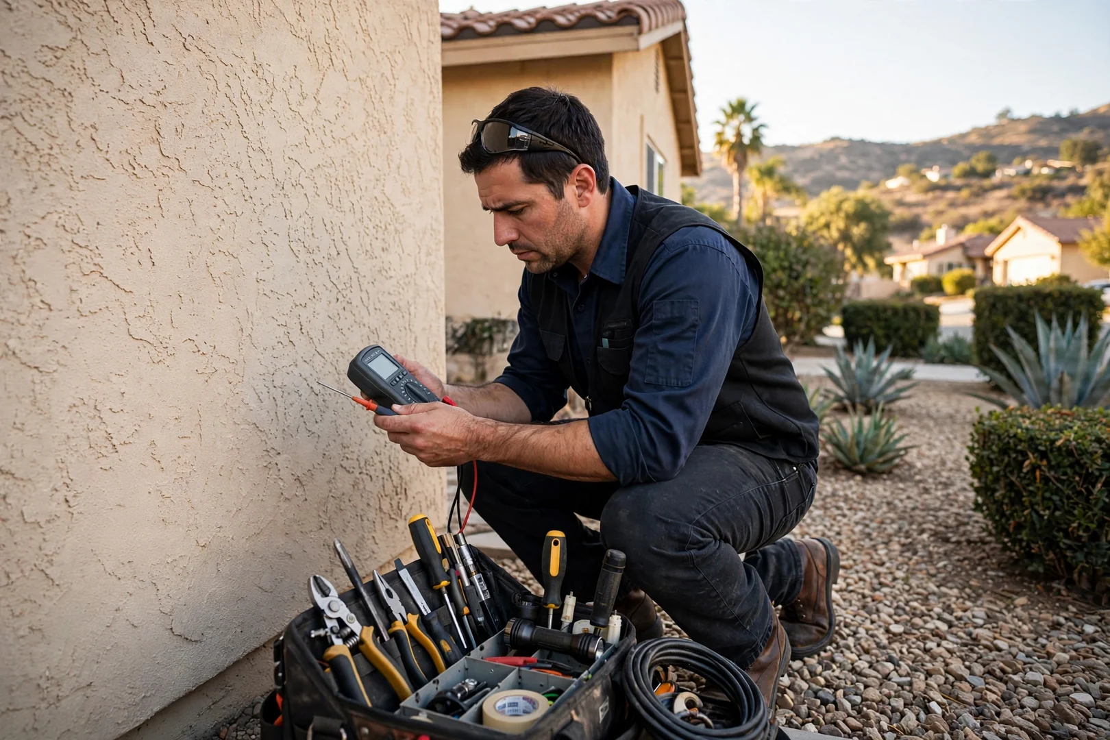 Corona Electrician Masters technician reviewing Electrician equipment in Corona, CA