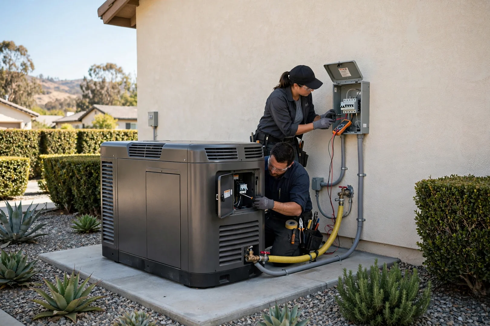 Standby generator installed on a concrete pad beside a well-kept residential side yard
