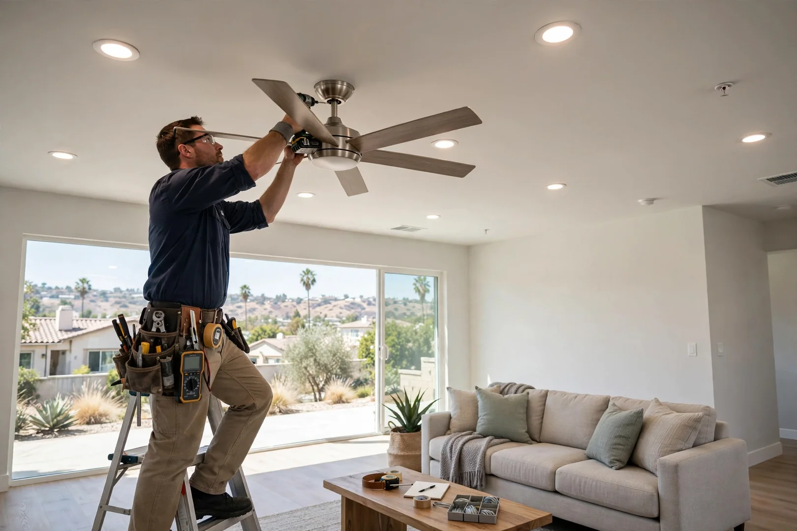Finished ceiling fan and recessed lighting installation in a bright open living space