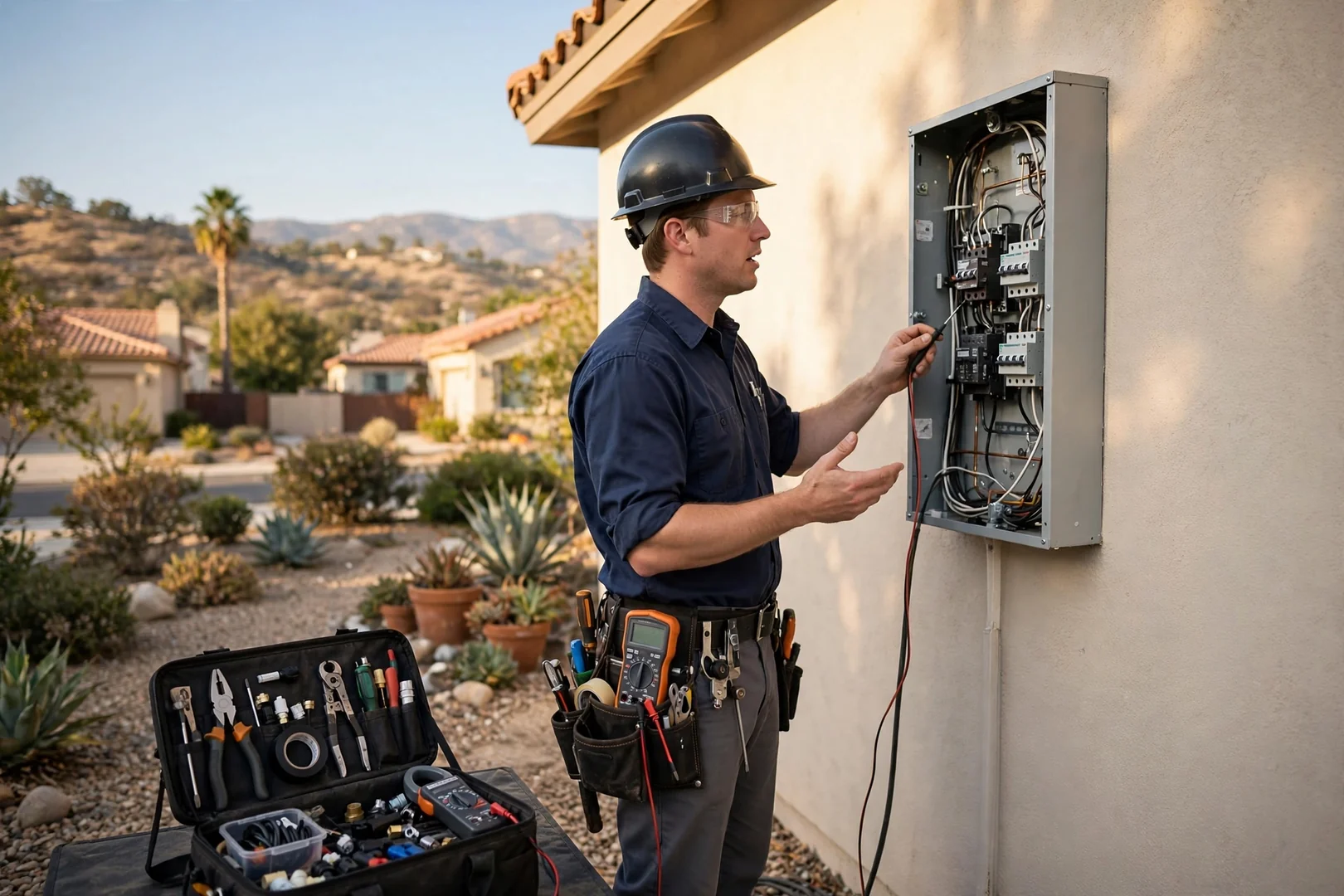 Electrician reviewing a service request before a Corona house call