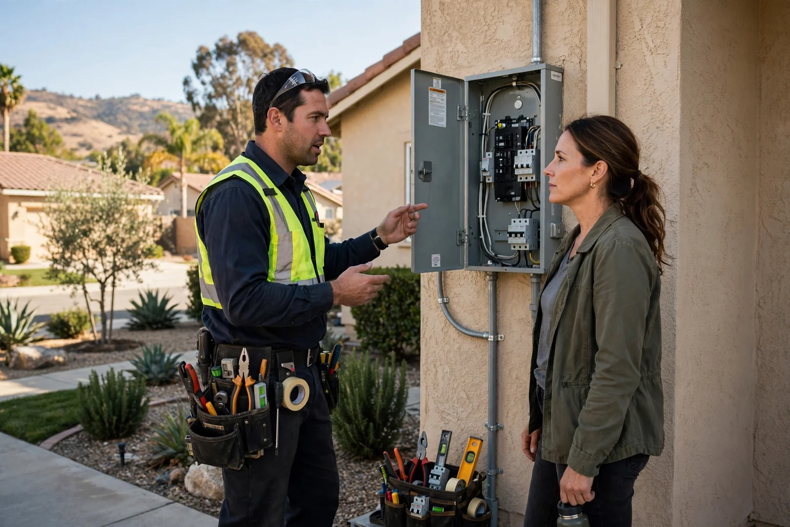 Electrician verifying torque on breaker lugs inside a residential service panel in Corona