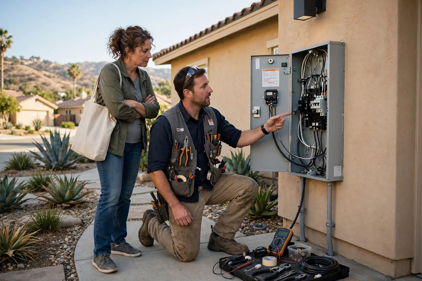 Licensed electrician reviewing panel labeling and finished conduit work with a Corona homeowner after a service upgrade walkthrough