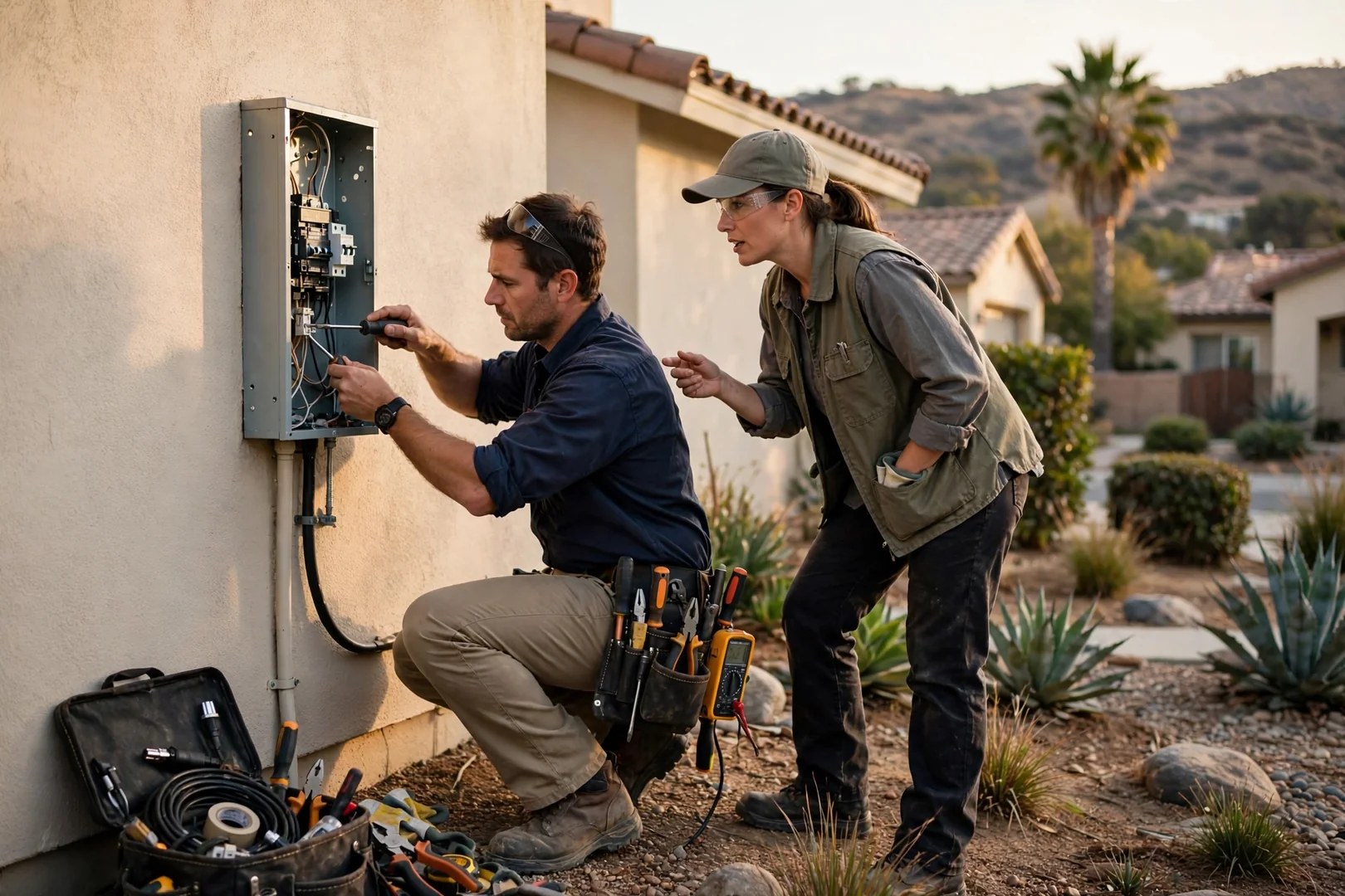 Electrician testing panel connections with a clamp meter inside a Corona home