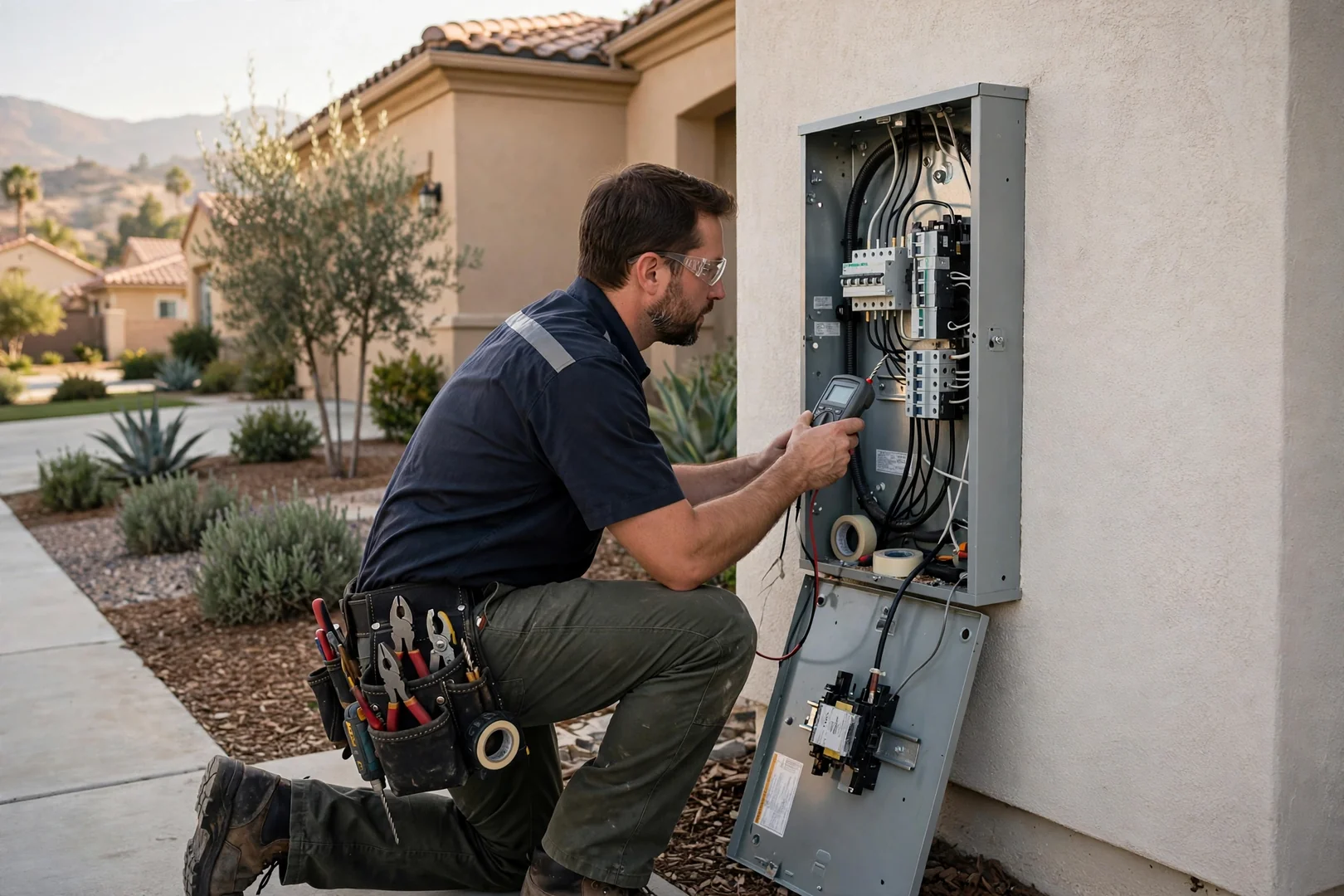 Electrician reviewing repair costs and panel findings with a homeowner in Corona