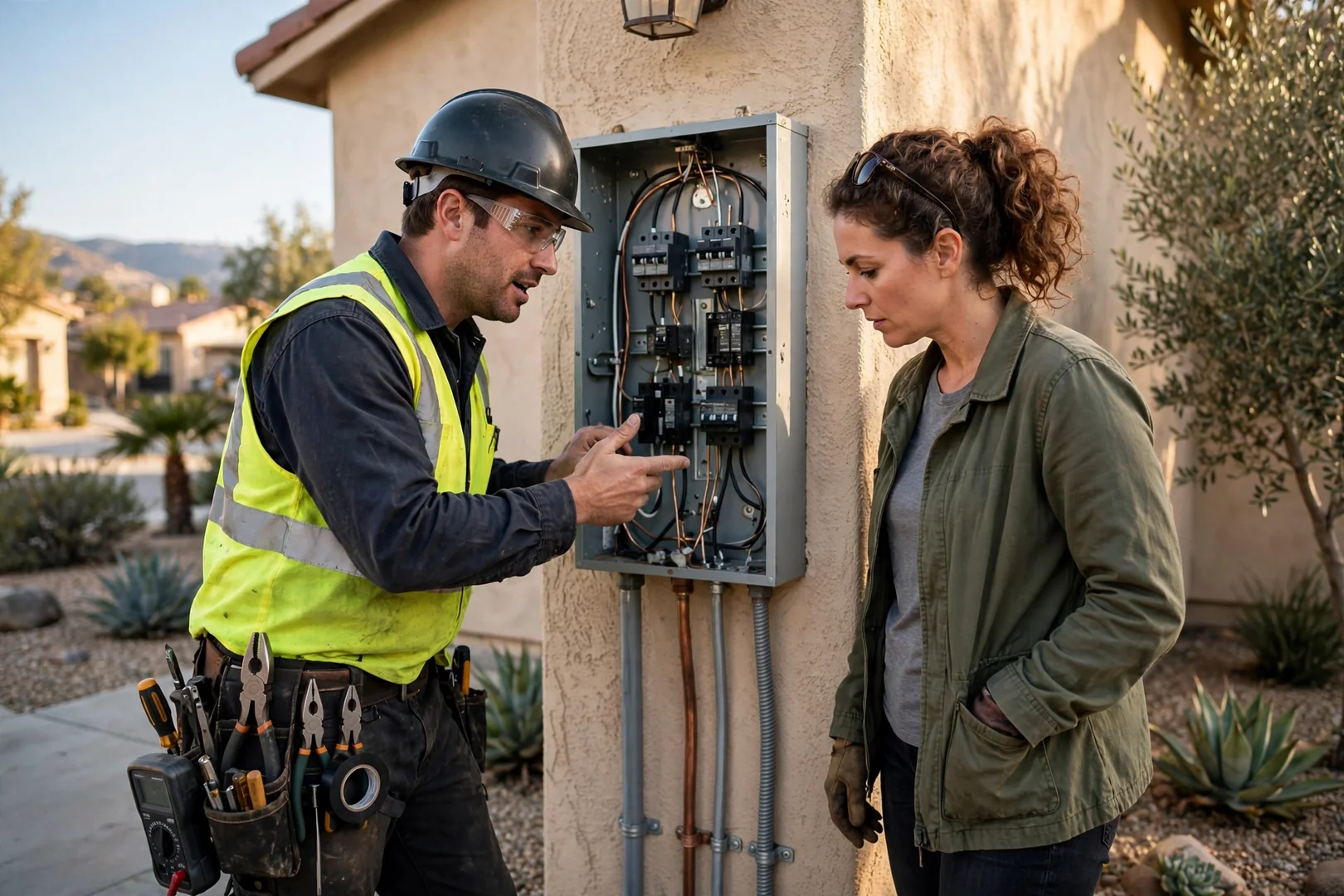 Licensed electrician testing a residential panel during an emergency service call in Corona