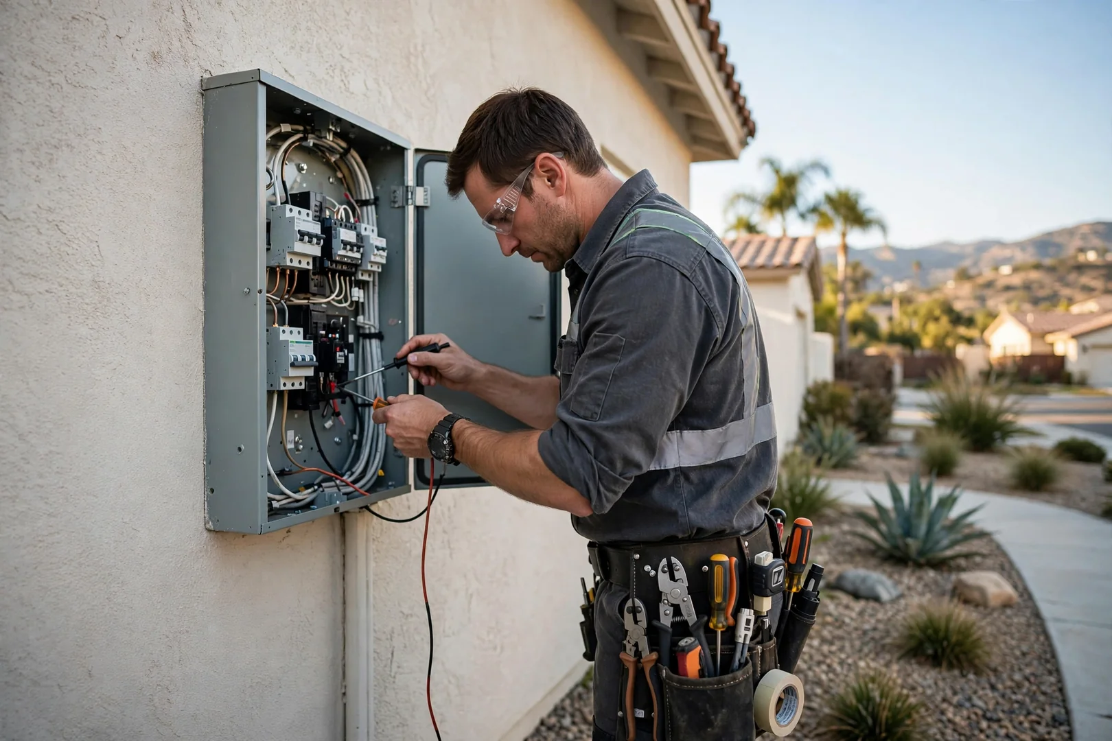 Electrician reviewing a written repair estimate with a homeowner