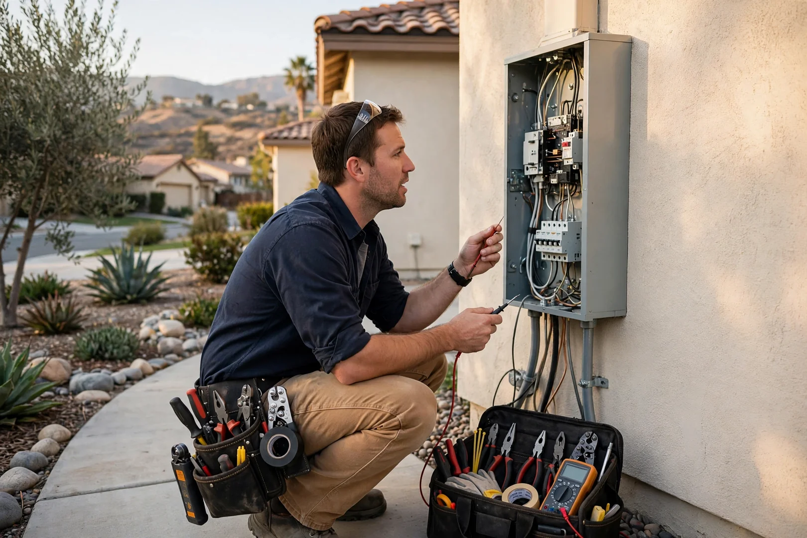 Electrician testing a residential panel during an urgent power failure in Corona